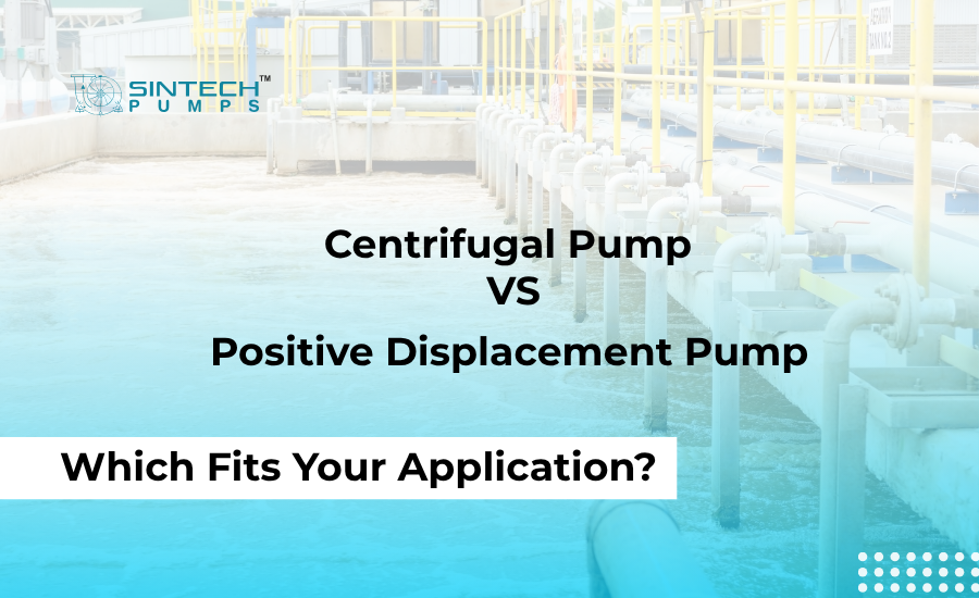 Side-by-side diagram comparing centrifugal pump impeller mechanism with positive displacement pump fixed-volume displacement cycle