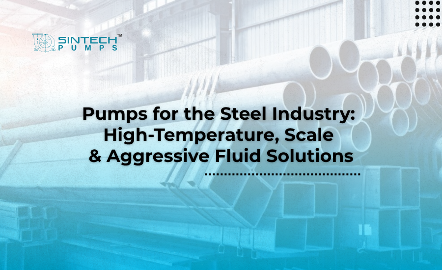 Sintech STF Torque Flow pump installed in steel plant mill scale slurry pit showing recessed impeller and heavy-duty casing construction
