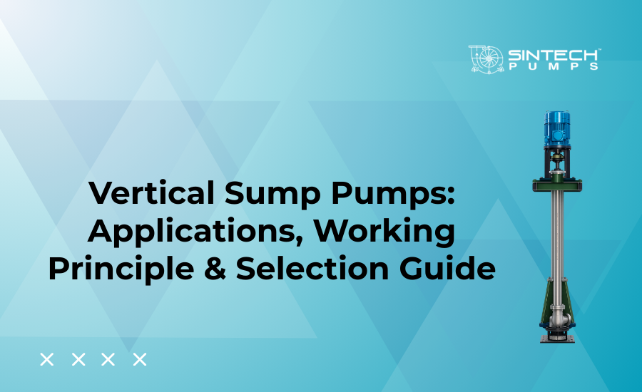 Labelled diagram of vertical sump pump components including discharge head, column pipe, shaft, and impeller